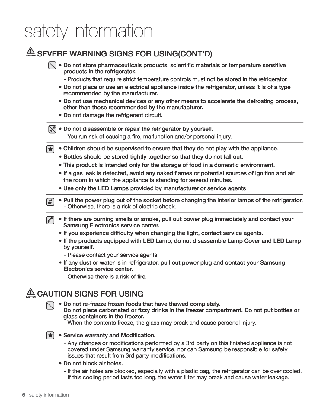 Samsung RS263TDWP WARNING SEVERE WARNING SIGNS for USINGCONT’D, CAUTION CAUTION SIGNS for USING, safety information 