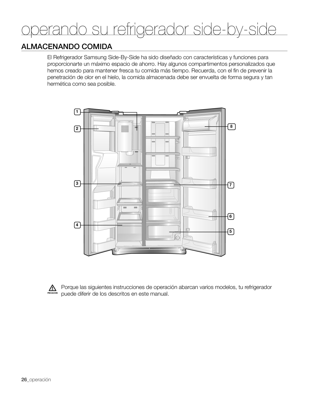 Samsung RS263TDRS, RS263TDPN, RS263TDWP, RS263TDBP Almacenando Comida, operando su refrigerador side-by-side, 26operación 