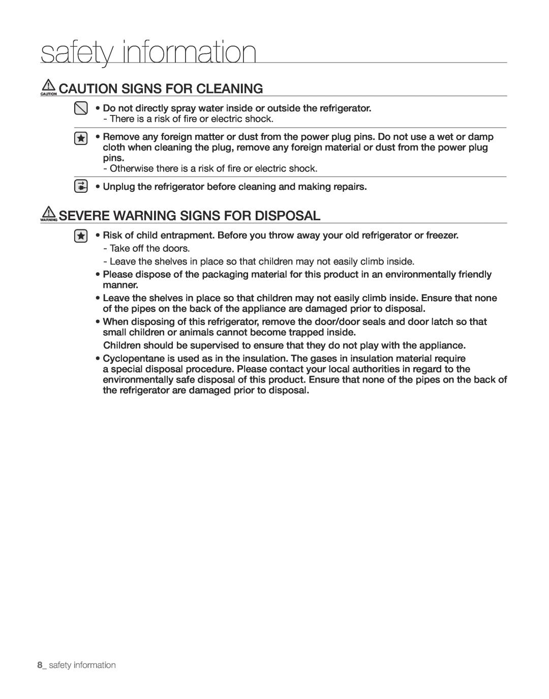 Samsung RS263TDRS CAUTION CAUTION SIGNS for CLEANING, WARNING SEVERE warning signs for DisPosaL, safety information 