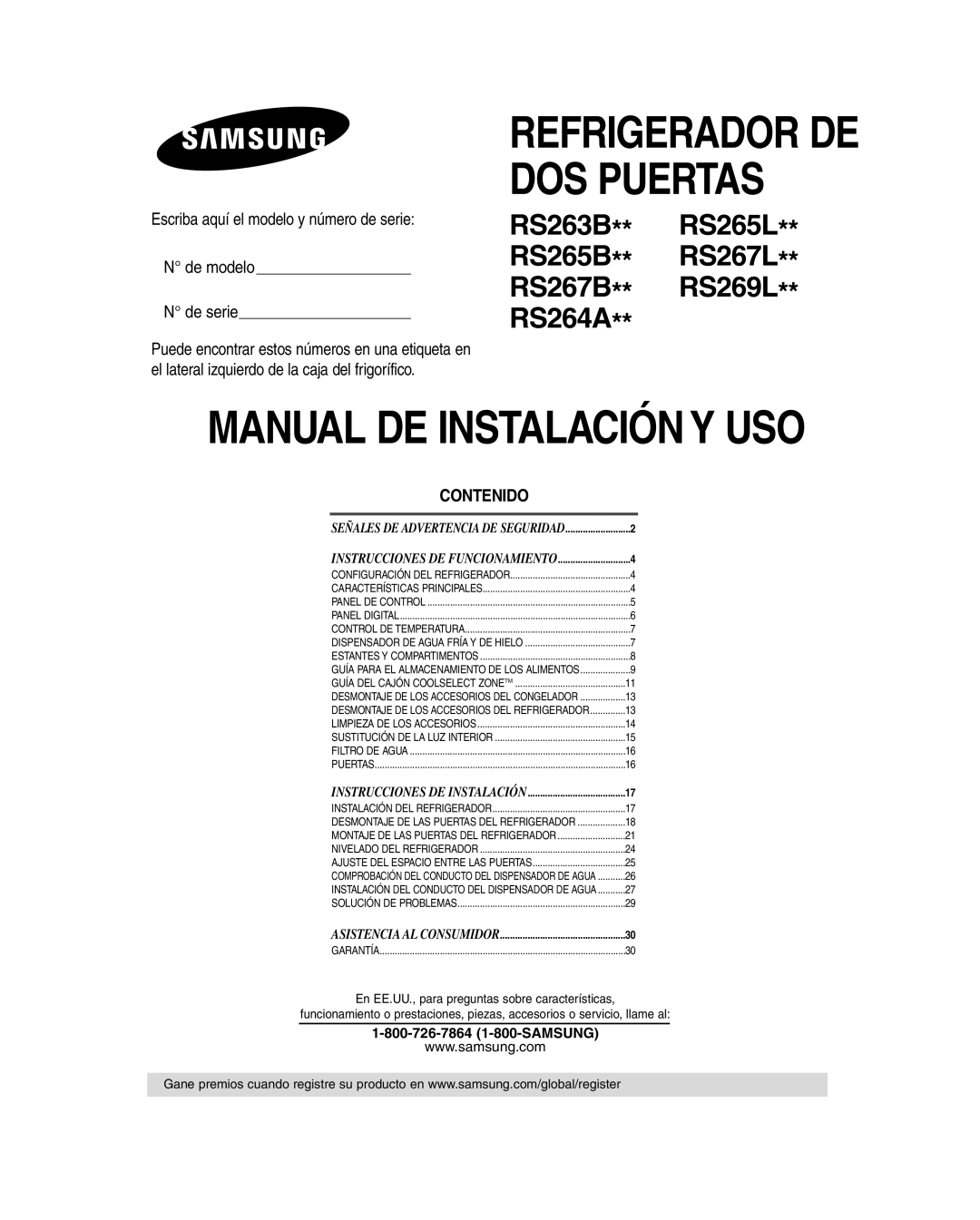 Samsung RS265B, RS265L, RS264A**, RS267B, RS267L, RS269L, RS263B manual Manual DE Instalación Y USO 