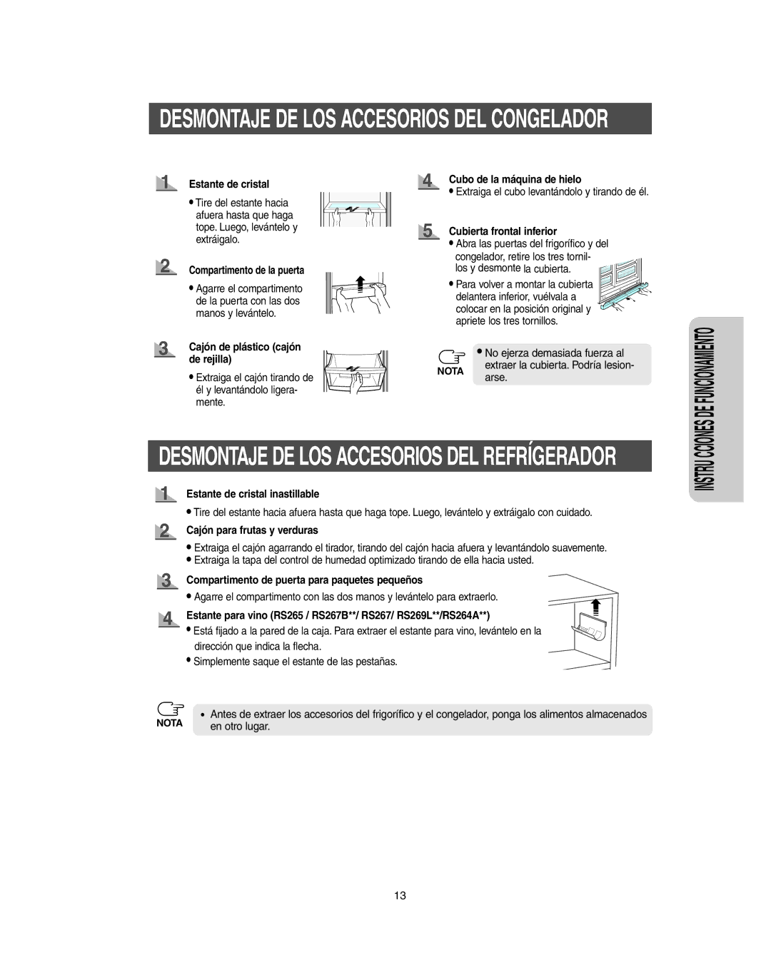 Samsung RS263B, RS265L, RS265B Compartimento de la puerta, Cubierta frontal inferior, Estante de cristal inastillable 