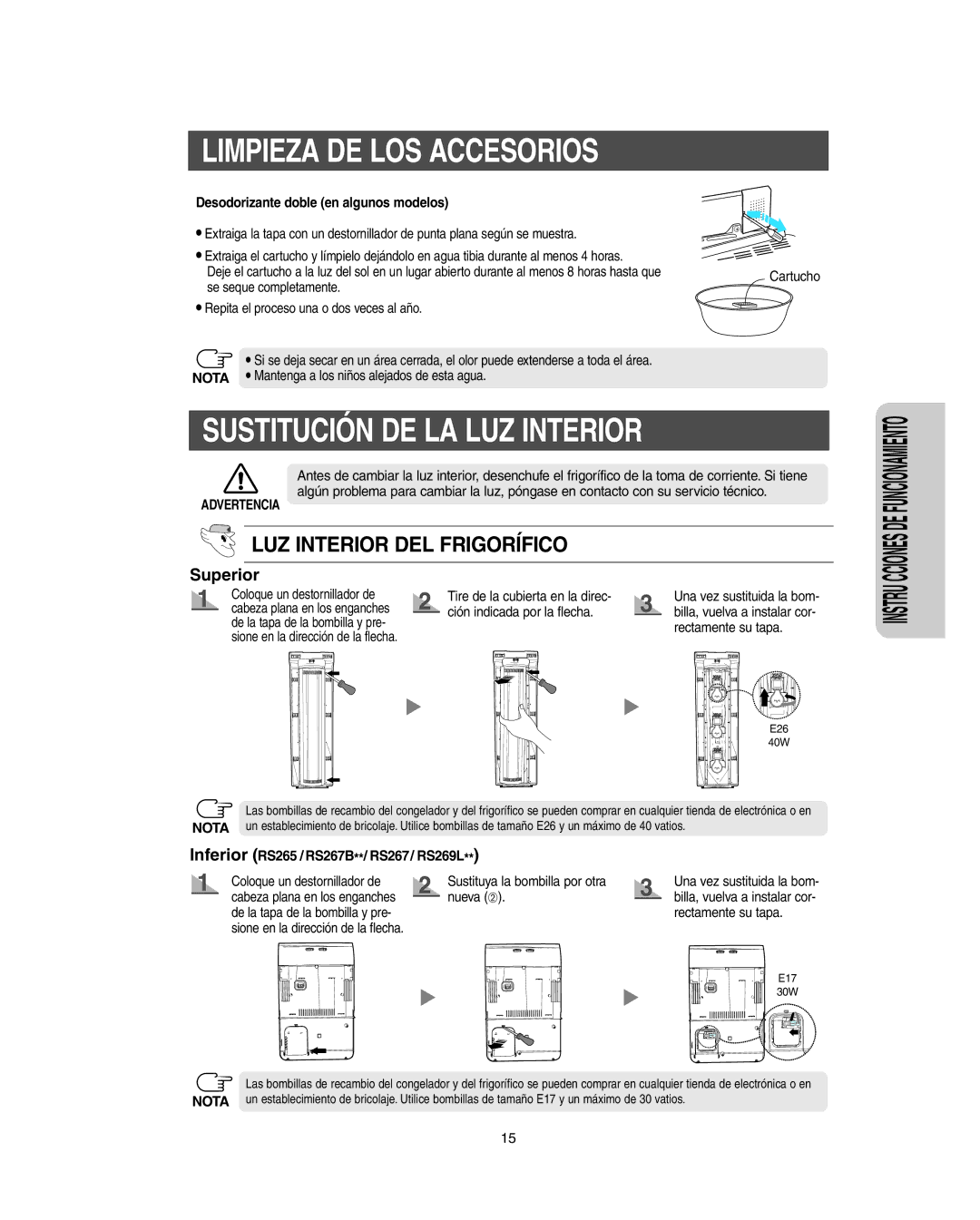 Samsung RS265B, RS265L, RS264A**, RS267B, RS267L manual Sustitución DE LA LUZ Interior, Desodorizante doble en algunos modelos 