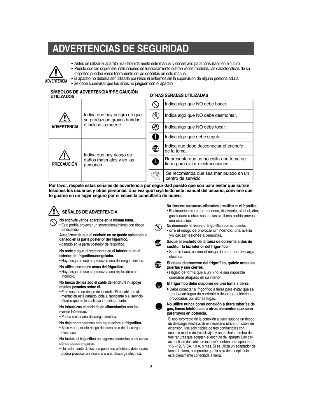 Samsung RS264A**, RS265L, RS265B, RS267B, RS267L, RS269L, RS263B manual Advertencias DE Seguridad, Precaución personas 