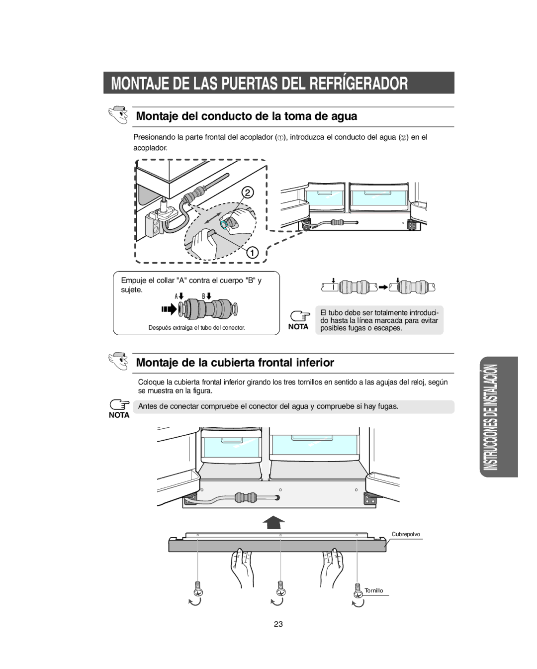 Samsung RS264A**, RS265L, RS265B, RS267B Montaje del conducto de la toma de agua, Montaje de la cubierta frontal inferior 