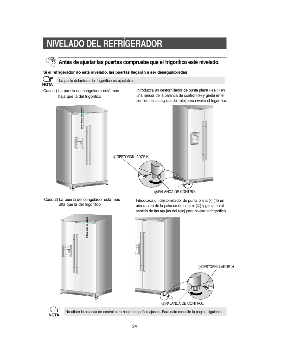 Samsung RS267B, RS265L, RS265B, RS264A**, RS267L, RS269L, RS263B manual Nivelado DEL Refrígerador, ➁ Palanca DE Control 