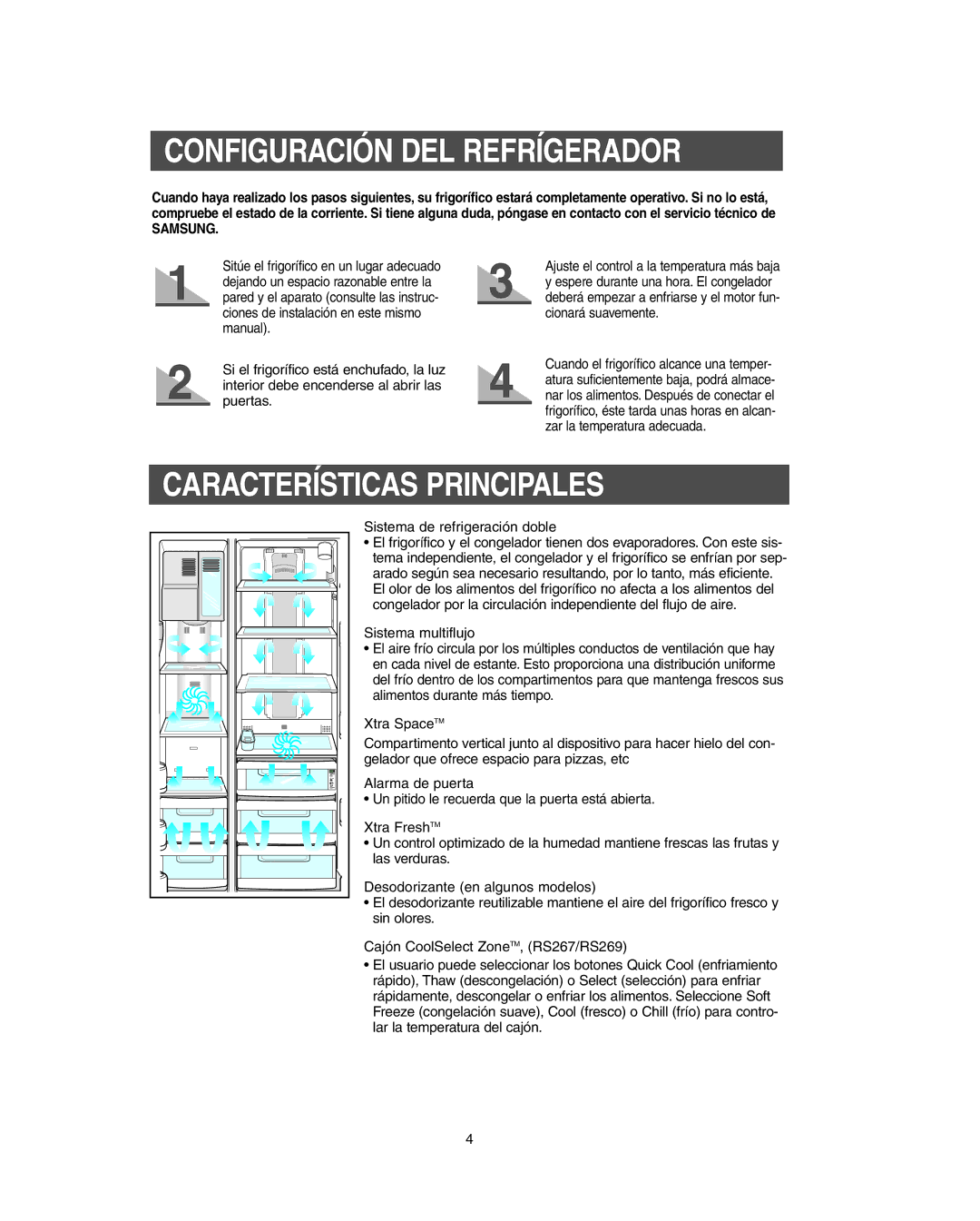 Samsung RS267L, RS265L, RS265B, RS264A**, RS267B, RS269L, RS263B Configuración DEL Refrígerador, Características Principales 