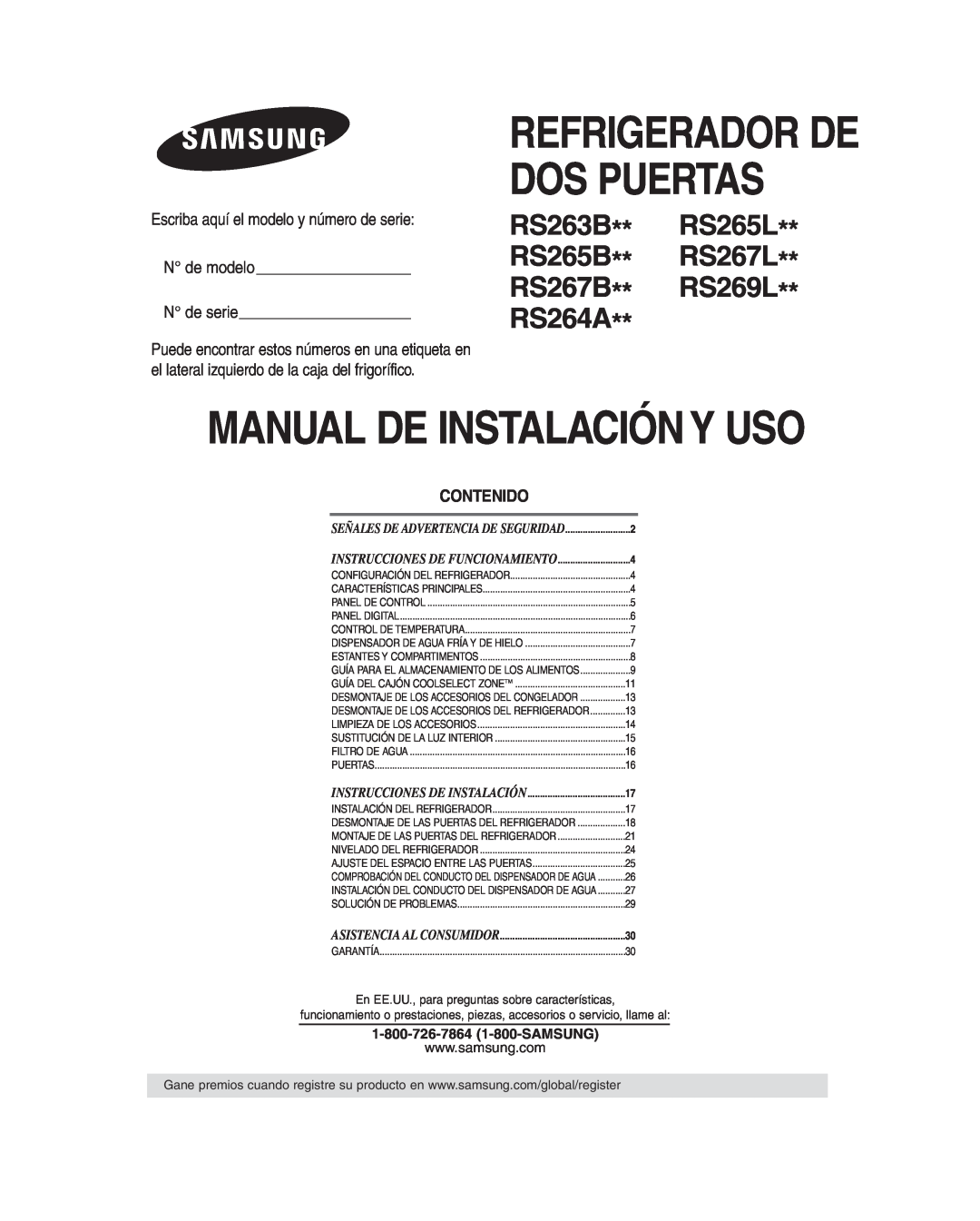 Samsung RS265B manual Escriba aquí el modelo y número de serie N de modelo N de serie, Contenido, Asistencia Al Consumidor 