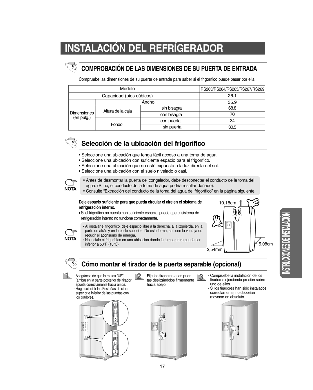 Samsung RS267B, RS265L, RS265B, RS264A** manual Instalación Del Refrígerador, Selección de la ubicación del frigorífico, Nota 