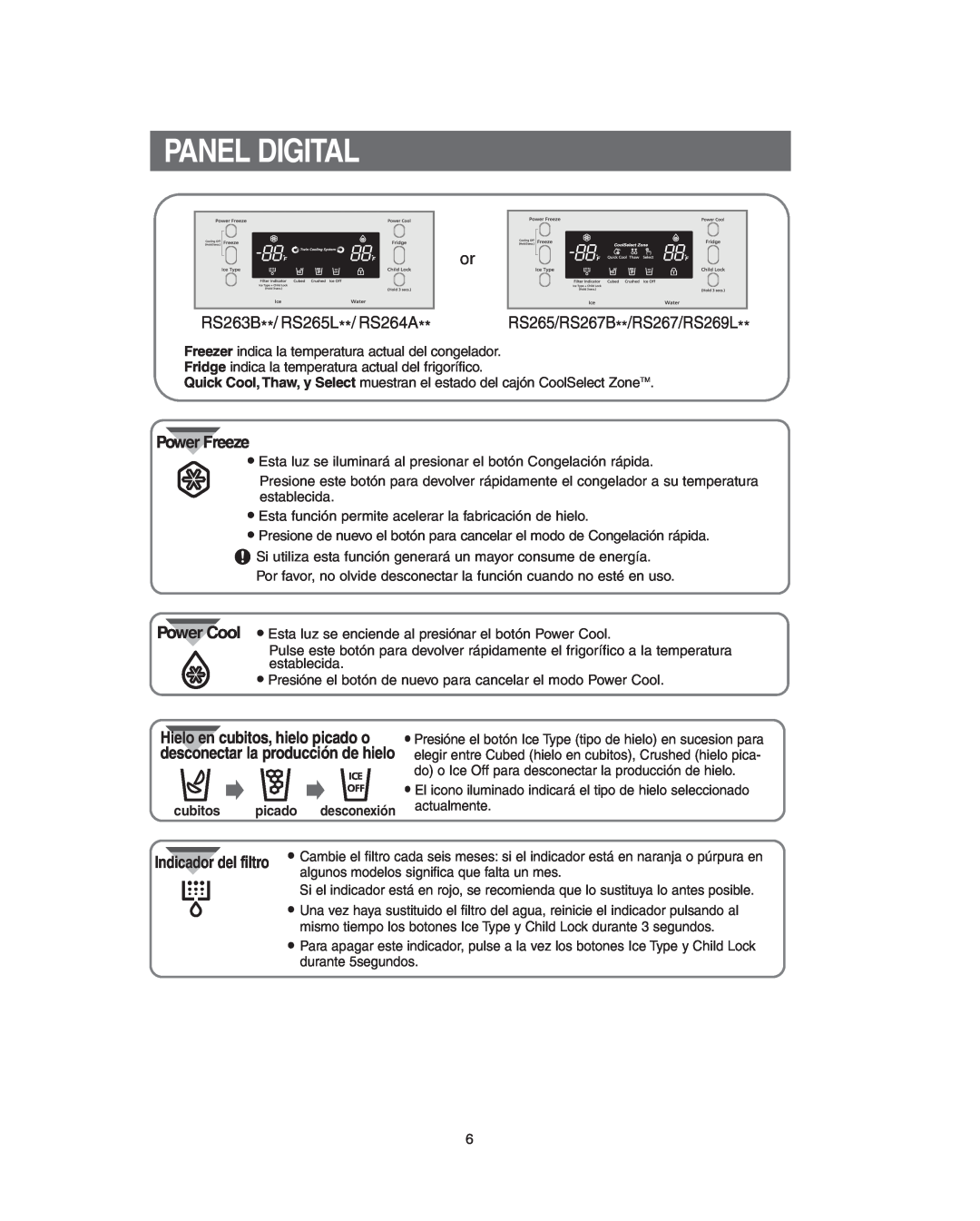Samsung Panel Digital, RS263B **/ RS265L **/ RS264A, Power Freeze, cubitos picado desconexión, Indicador del filtro 