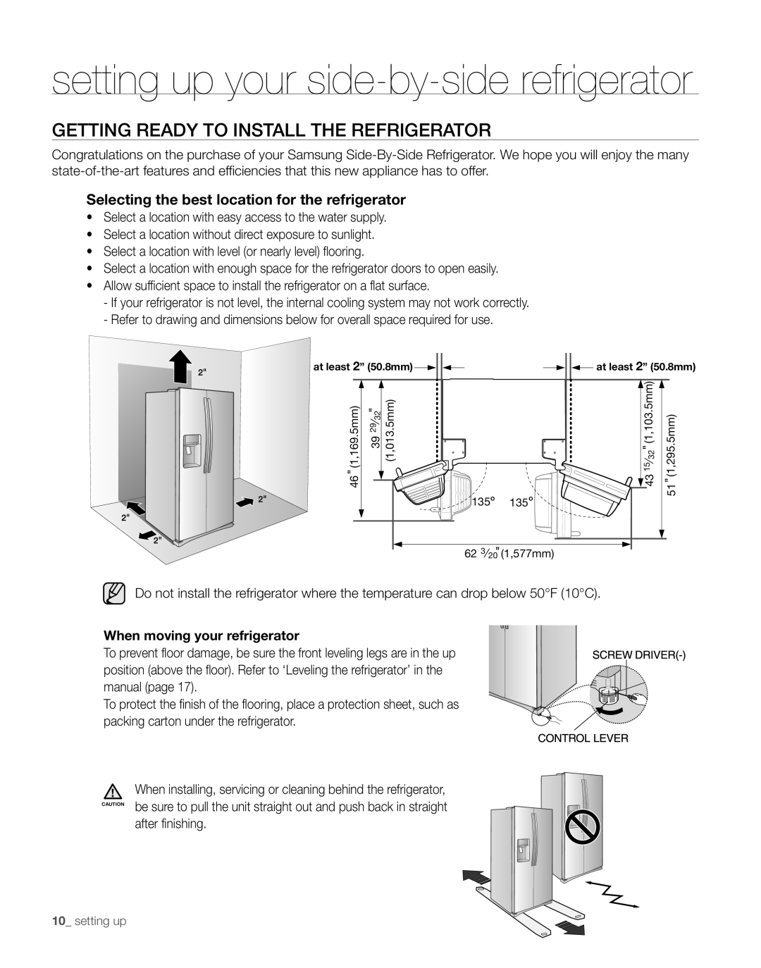 Samsung RS265TD, RS267TD user manual setting up your side-by-side refrigerator, Getting ready to install the refrigerator 