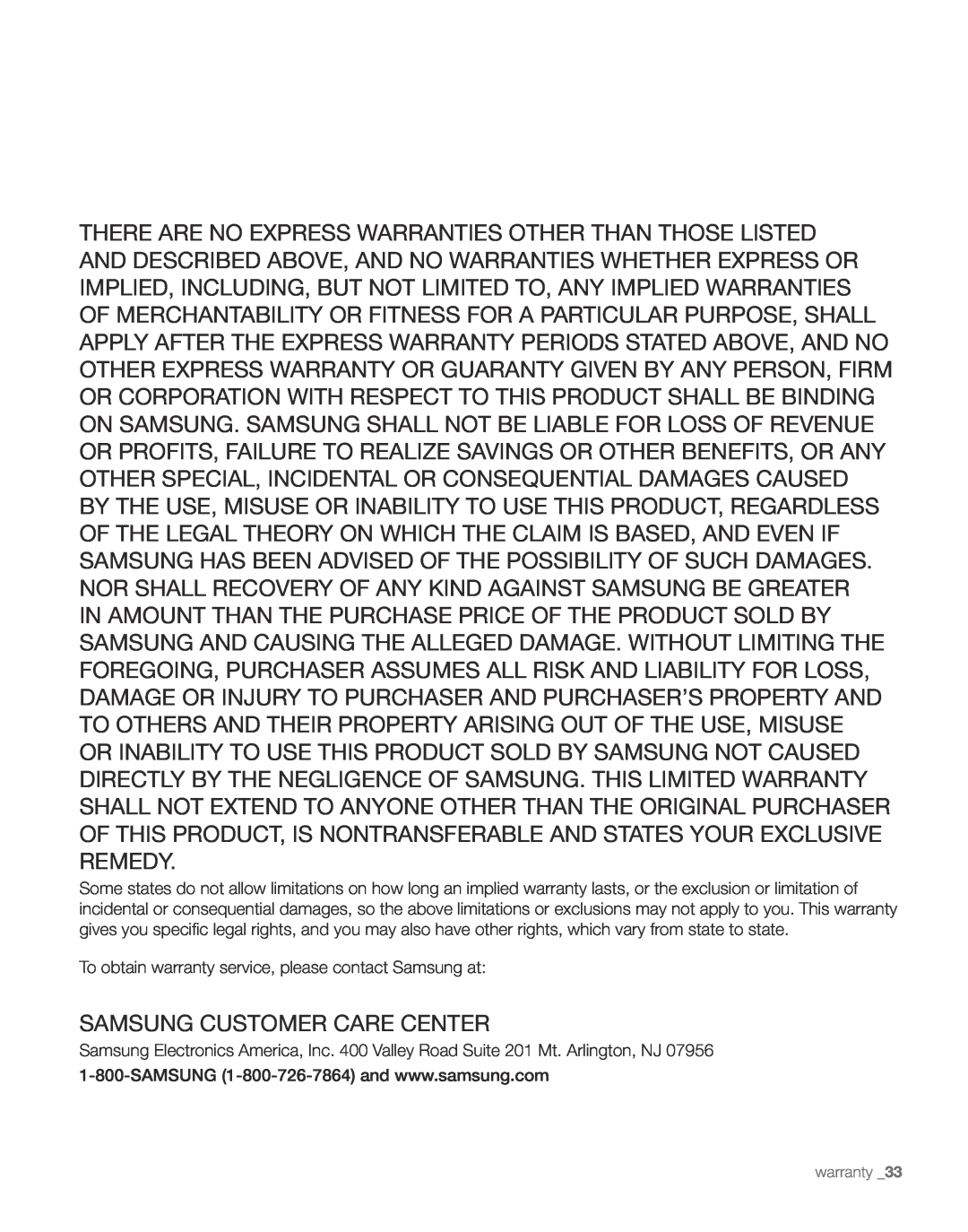 Samsung RS267TD, RS265TD user manual Samsung Customer Care Center 