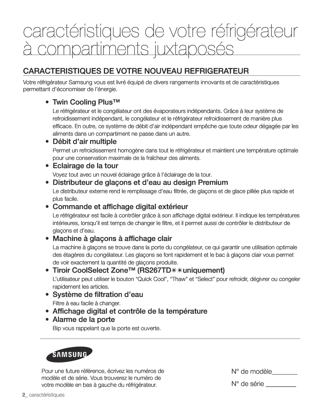 Samsung RS265TD, RS267TD caractéristiques de votre réfrigérateur à compartiments juxtaposés, Débit d’air multiple 