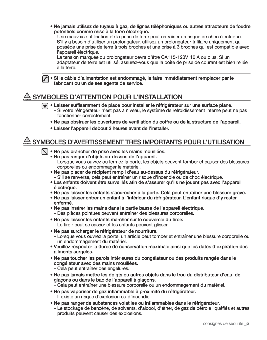 Samsung RS267TD, RS265TD user manual Caution Symboles D’Attention Pour L’Installation 