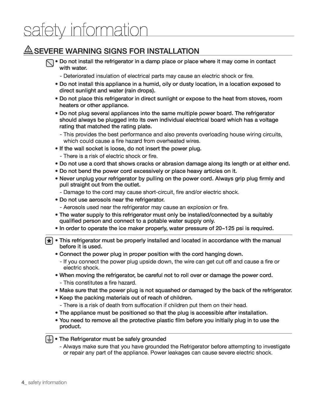 Samsung RS265TD, RS267TD user manual Warning Severe Warning Signs For Installation, safety information 