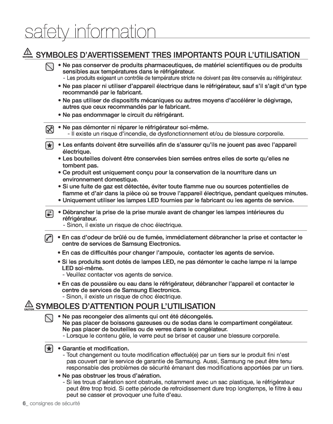 Samsung RS265TD, RS267TD Caution Symboles D’Attention Pour L’Utilisation, safety information, consignes de sécurité 