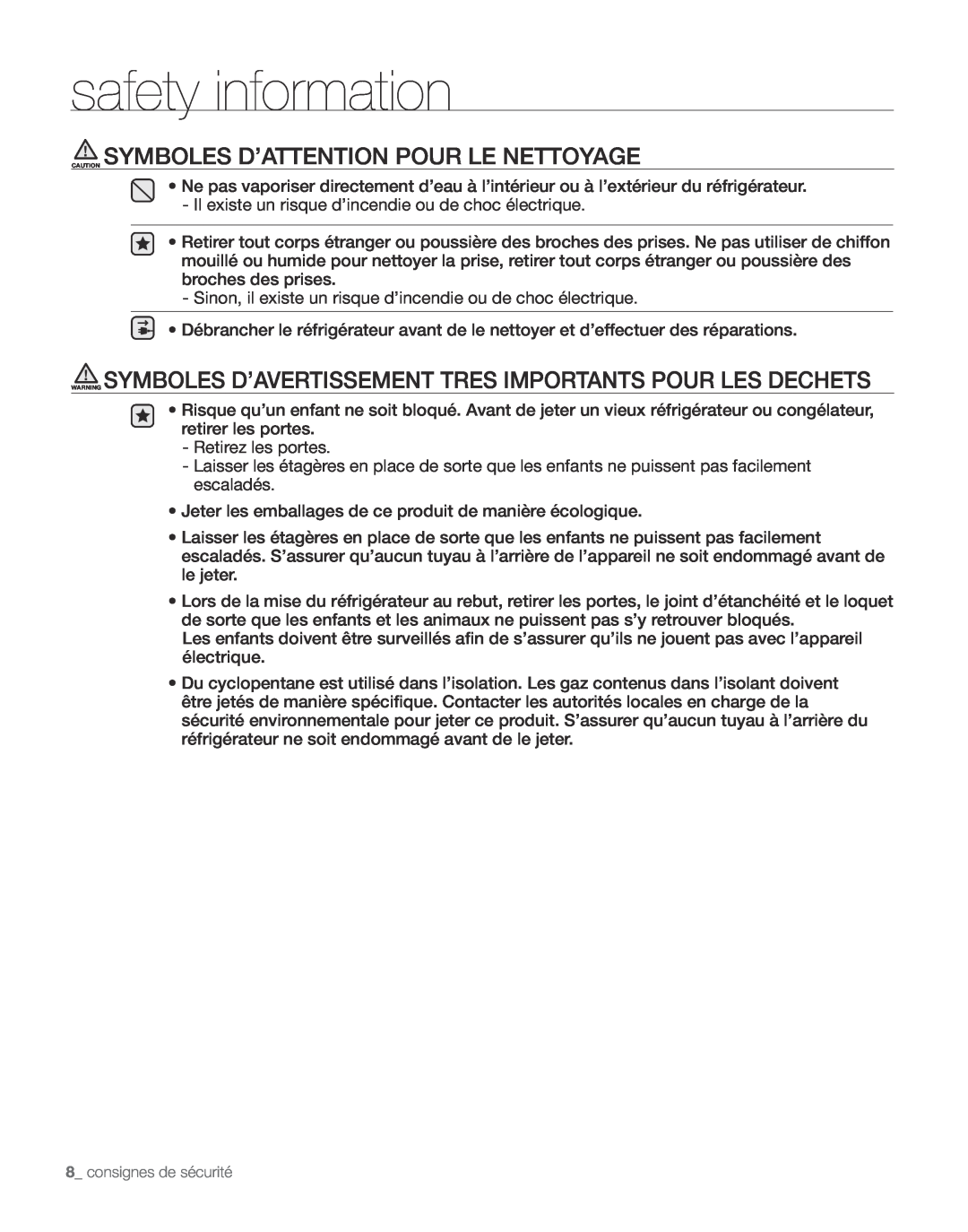 Samsung RS265TD, RS267TD Caution Symboles D’Attention Pour Le Nettoyage, safety information, consignes de sécurité 