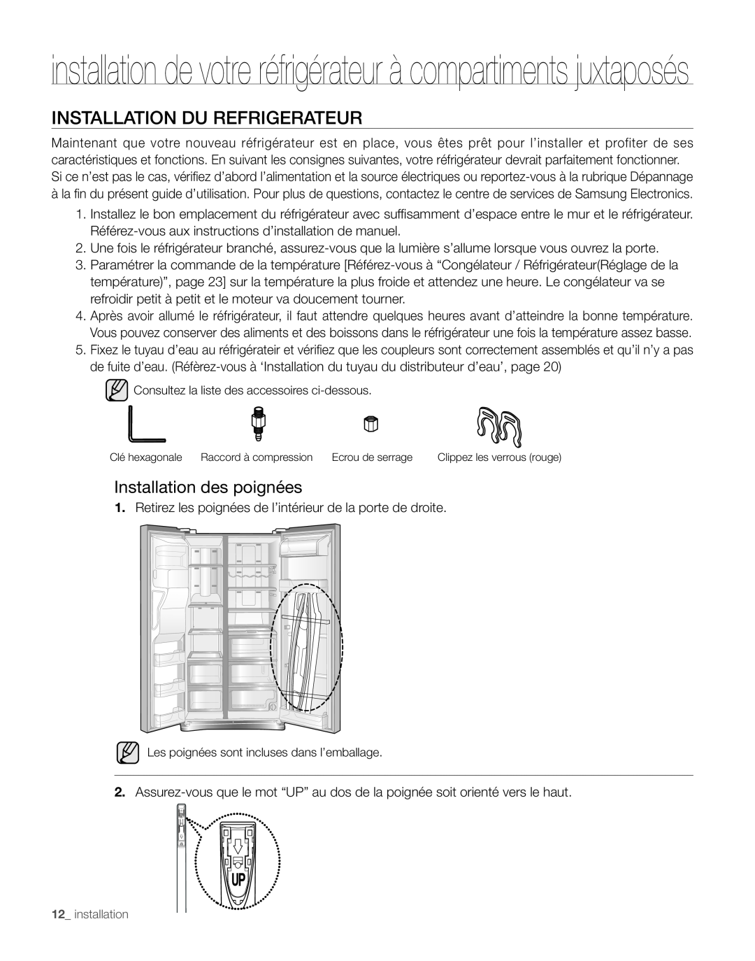 Samsung RS265TD, RS267TD user manual Installation Du Refrigerateur, Installation des poignées 