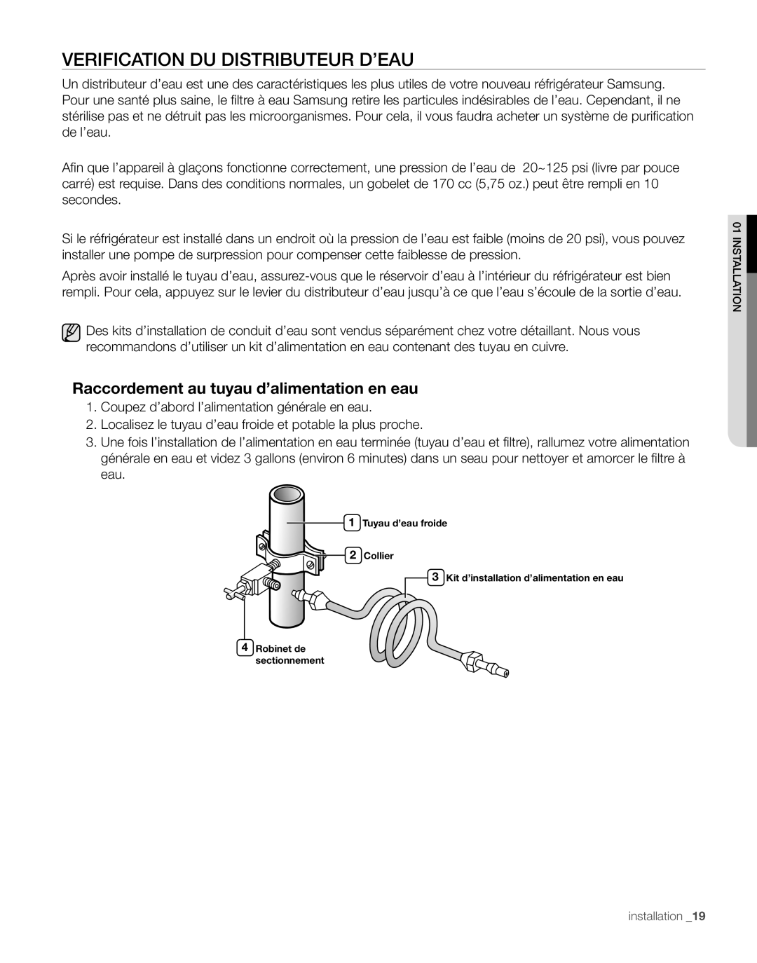 Samsung RS267TD, RS265TD user manual Verification Du Distributeur D’Eau, Raccordement au tuyau d’alimentation en eau 