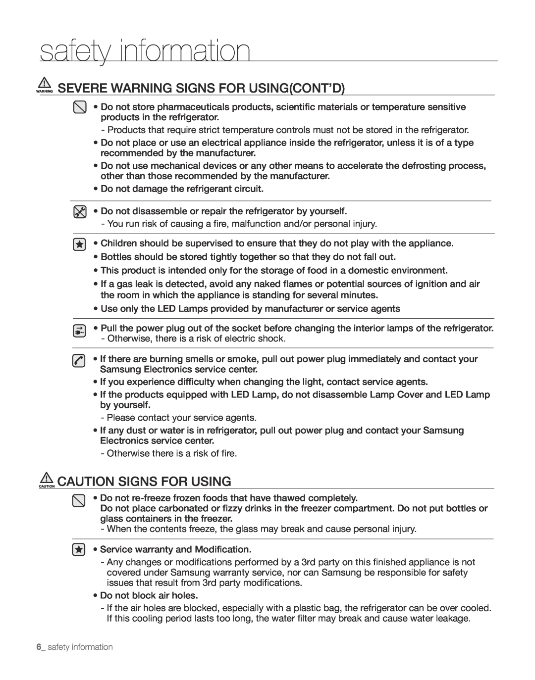 Samsung RS265TD, RS267TD WARNING SEVERE WARNING SIGNS for USINGCONT’D, CAUTION CAUTION SIGNS for USING, safety information 