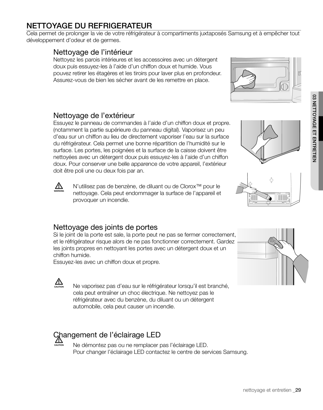 Samsung RS267TD, RS265TD user manual Nettoyage Du Refrigerateur, Nettoyage de l’intérieur, Nettoyage de l’extérieur 