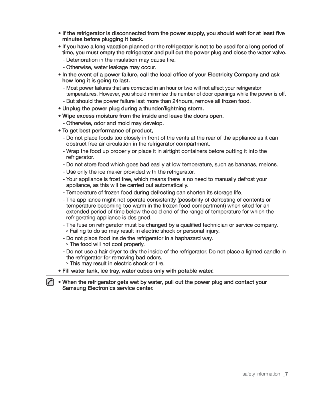 Samsung RS267TD, RS265TD user manual Deterioration in the insulation may cause fire 