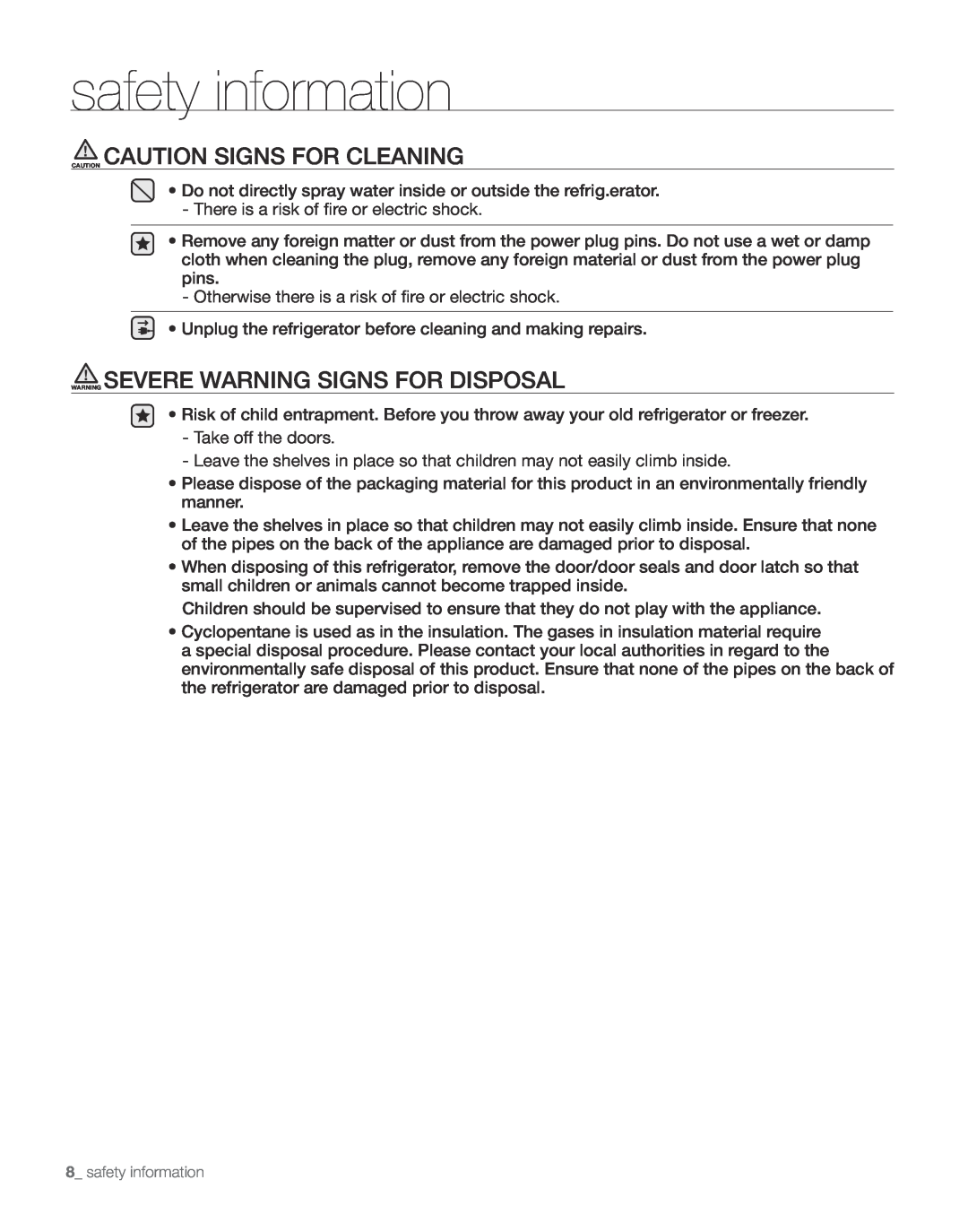 Samsung RS265TD, RS267TD CAUTION CAUTION SIGNS for CLEANING, WARNING SEVERE warning signs for DisPosaL, safety information 