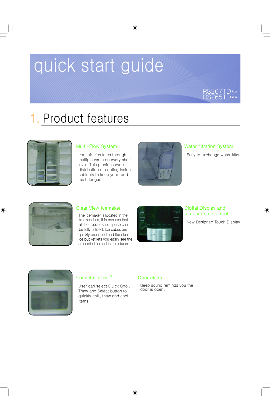 Samsung RS265TDBP quick start Product features, quick start guide, RS267TD RS265TD, Multi-Flow System, Clear View Icemaker 