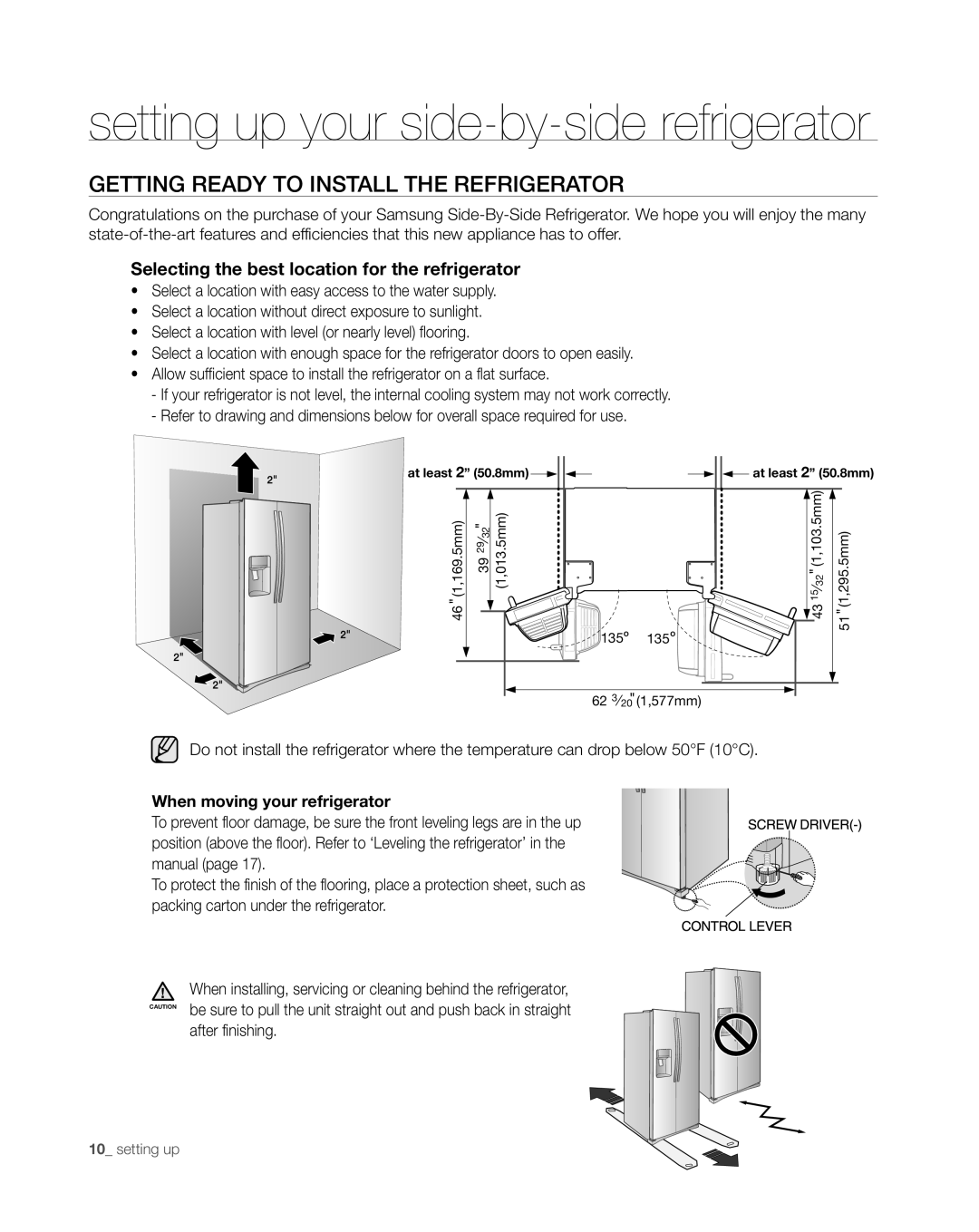 Samsung RS265TDWP, RS267TDWP Setting up your side-by-side refrigerator, Getting Ready to Install the Refrigerator 