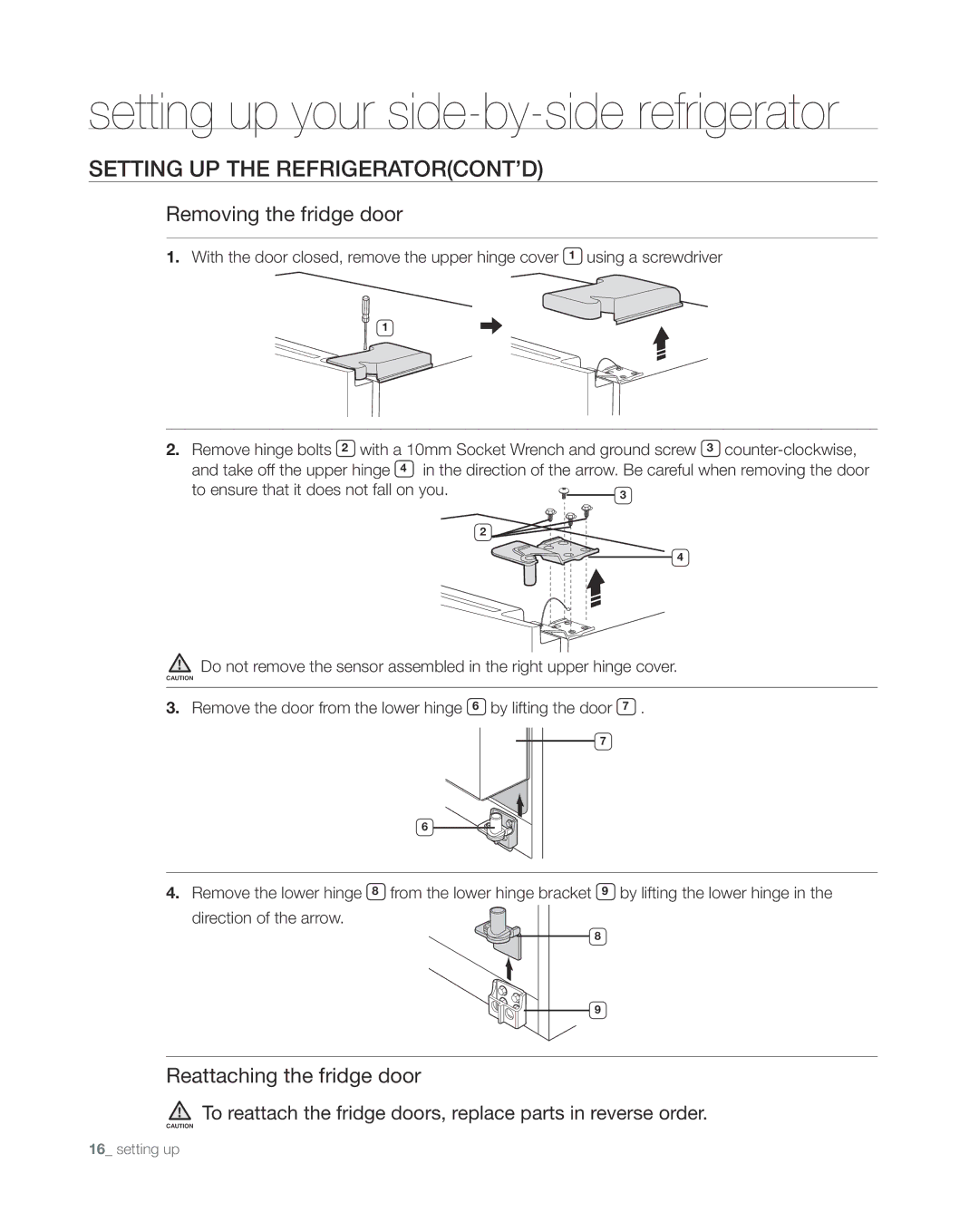 Samsung RS265TDWP, RS267TDWP Removing the fridge door, Reattaching the fridge door, To ensure that it does not fall on you 