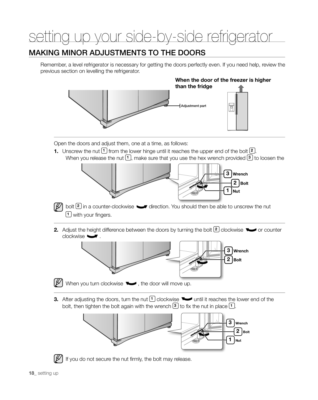 Samsung RS265TDWP, RS267TDWP Making Minor Adjustments to the Doors, When the door of the freezer is higher than the fridge 