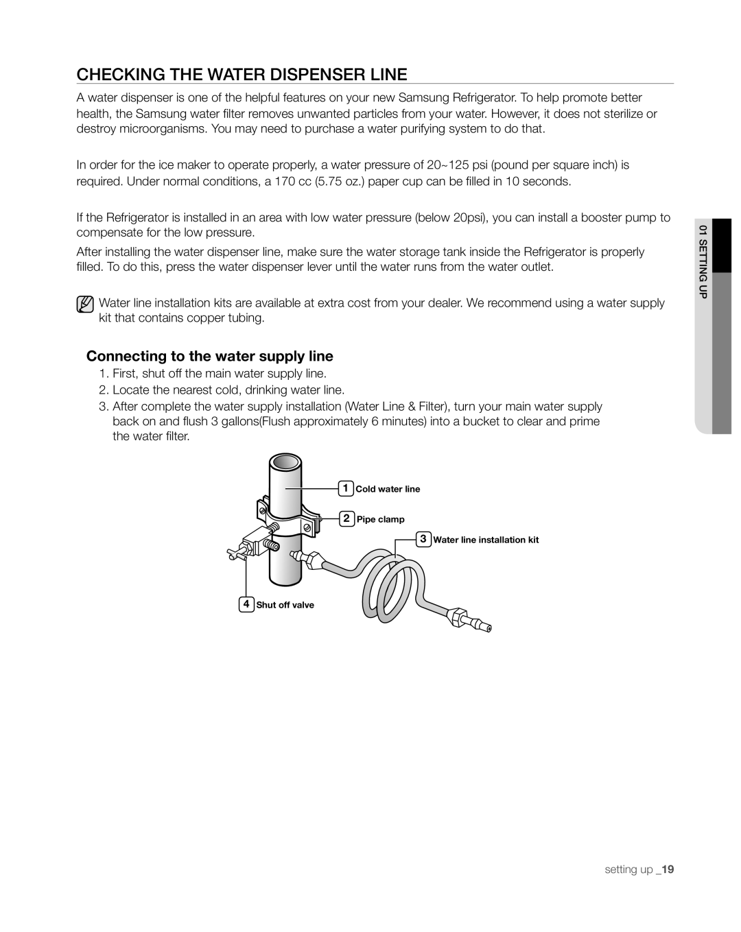 Samsung RS267TDWP, RS265TDWP user manual Checking the Water Dispenser Line, Connecting to the water supply line 