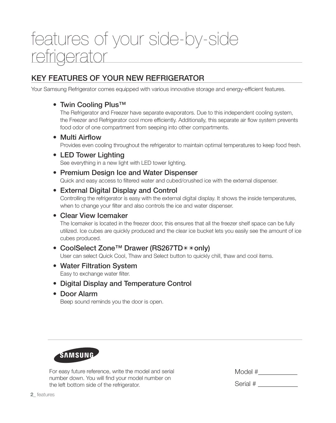 Samsung RS265TDWP, RS267TDWP user manual KEY Features of Your NEW Refrigerator 