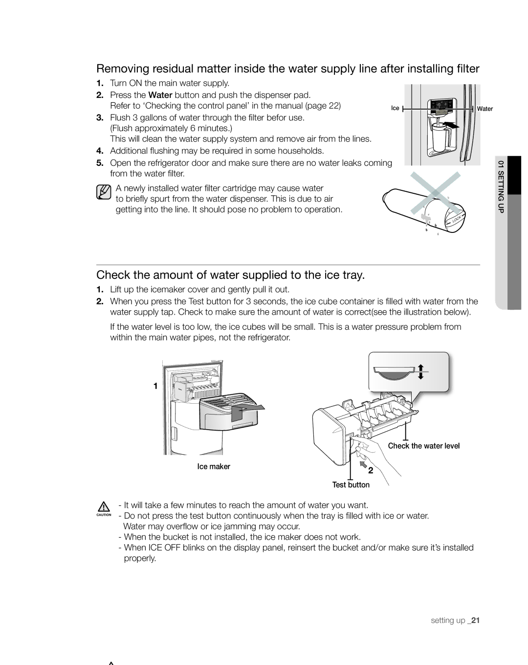 Samsung RS267TDWP Check the amount of water supplied to the ice tray, Lift up the icemaker cover and gently pull it out 