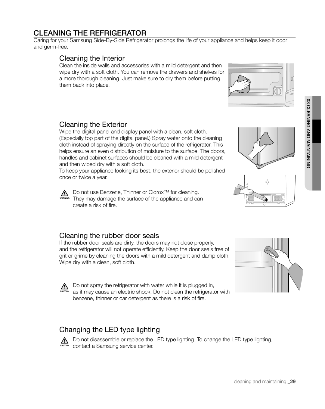 Samsung RS267TDWP Cleaning the Refrigerator, Cleaning the Interior, Cleaning the Exterior, Cleaning the rubber door seals 