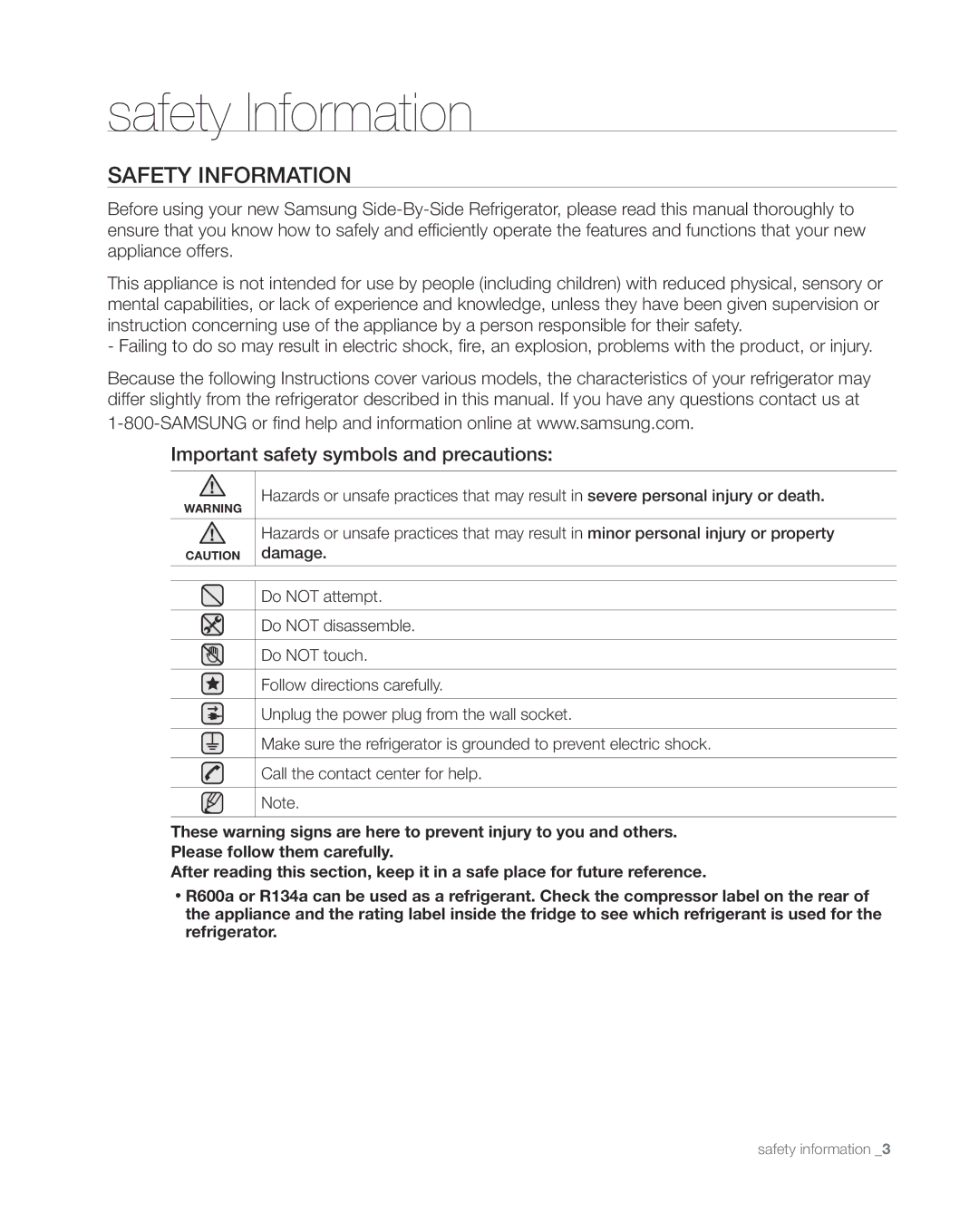 Samsung RS267TDWP, RS265TDWP user manual Safety Information 