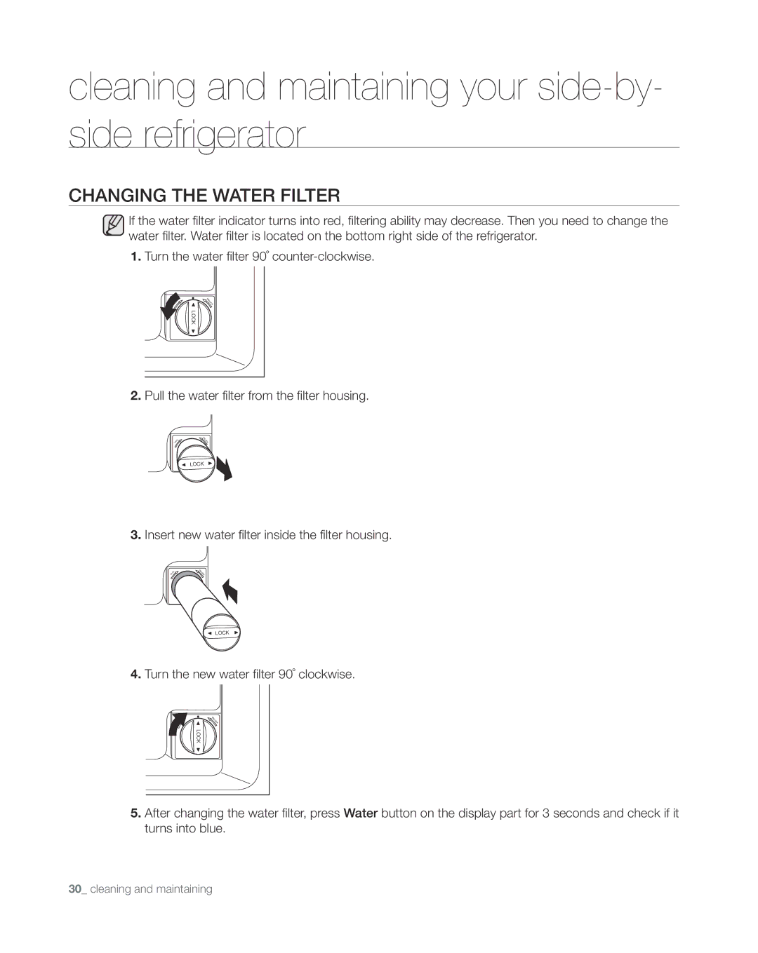 Samsung RS265TDWP, RS267TDWP user manual Changing the Water Filter 