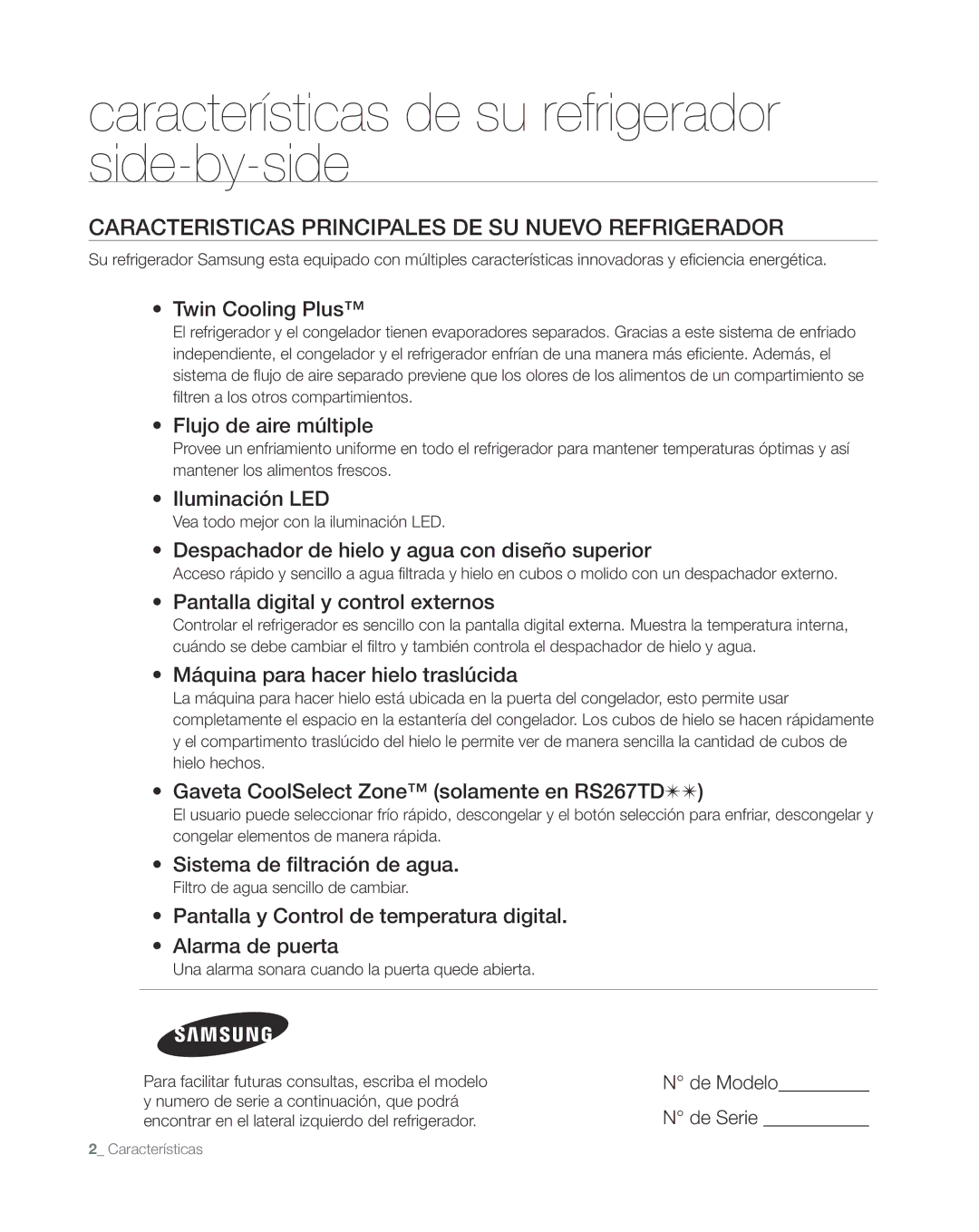 Samsung RS265TDWP, RS267TDWP user manual Caracteristicas Principales DE SU Nuevo Refrigerador 