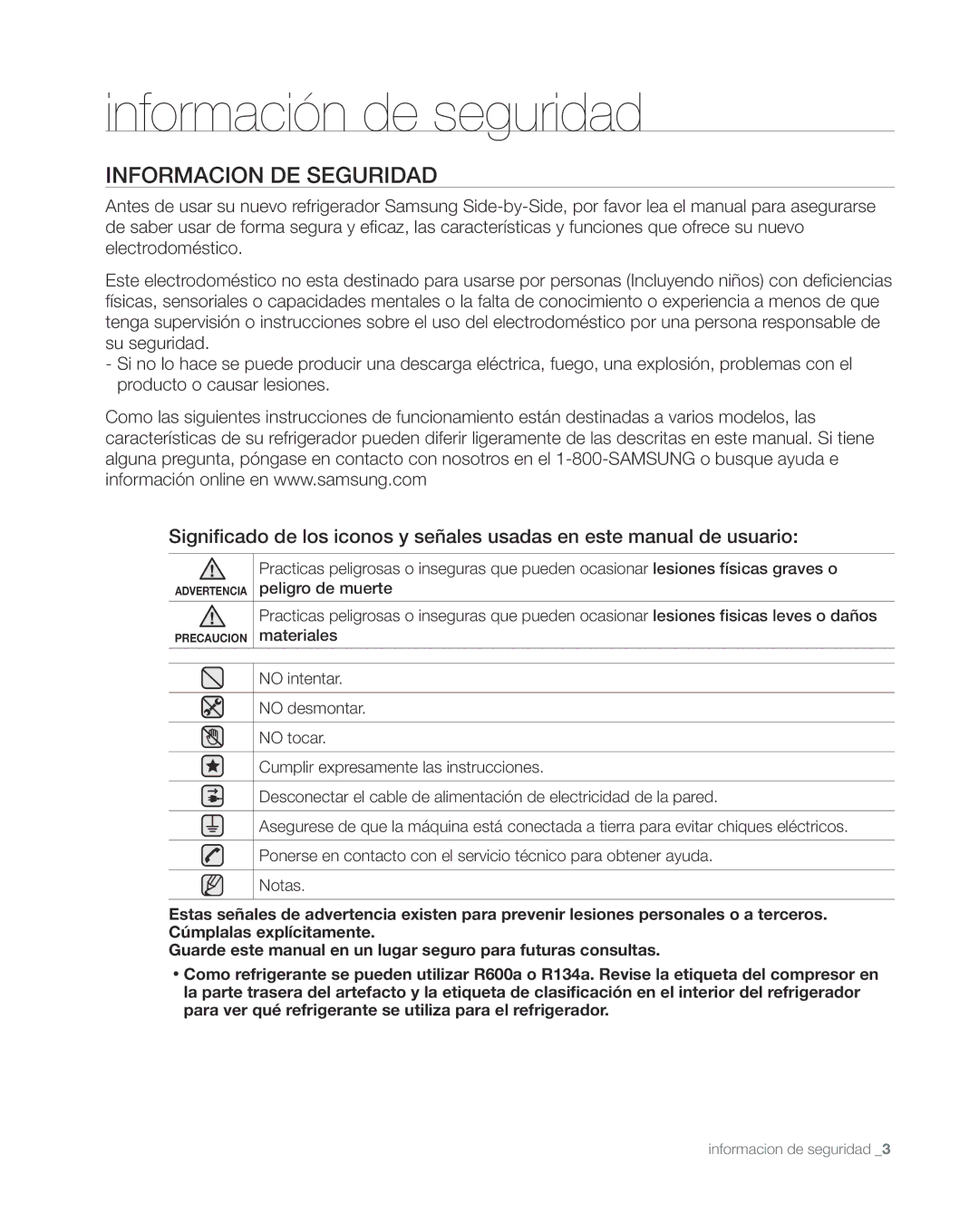 Samsung RS267TDWP, RS265TDWP user manual Información de seguridad, Informacion DE Seguridad 