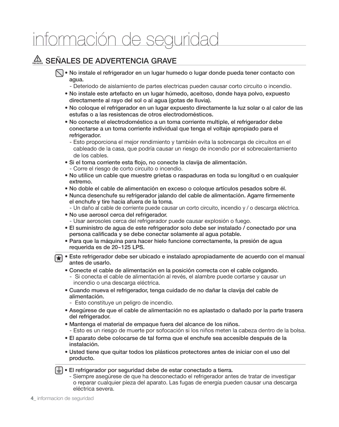 Samsung RS265TDWP, RS267TDWP user manual Precaucion Señales DE Advertencia Grave 