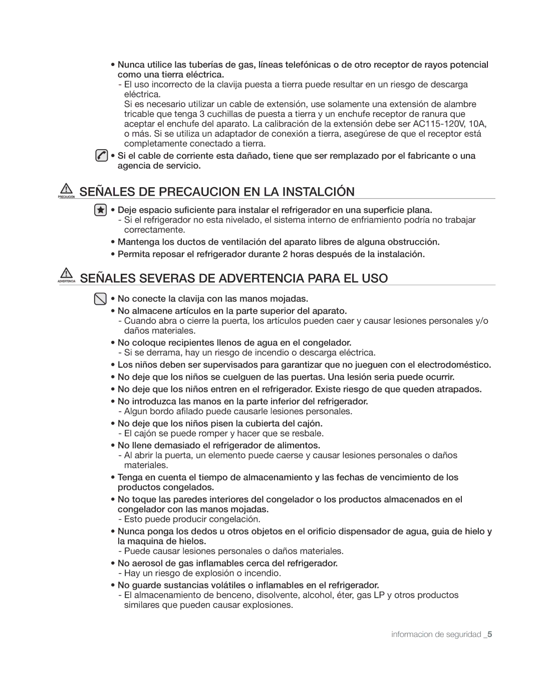 Samsung RS267TDWP, RS265TDWP user manual Precaucion Señales DE Precaucion EN LA Instalción 