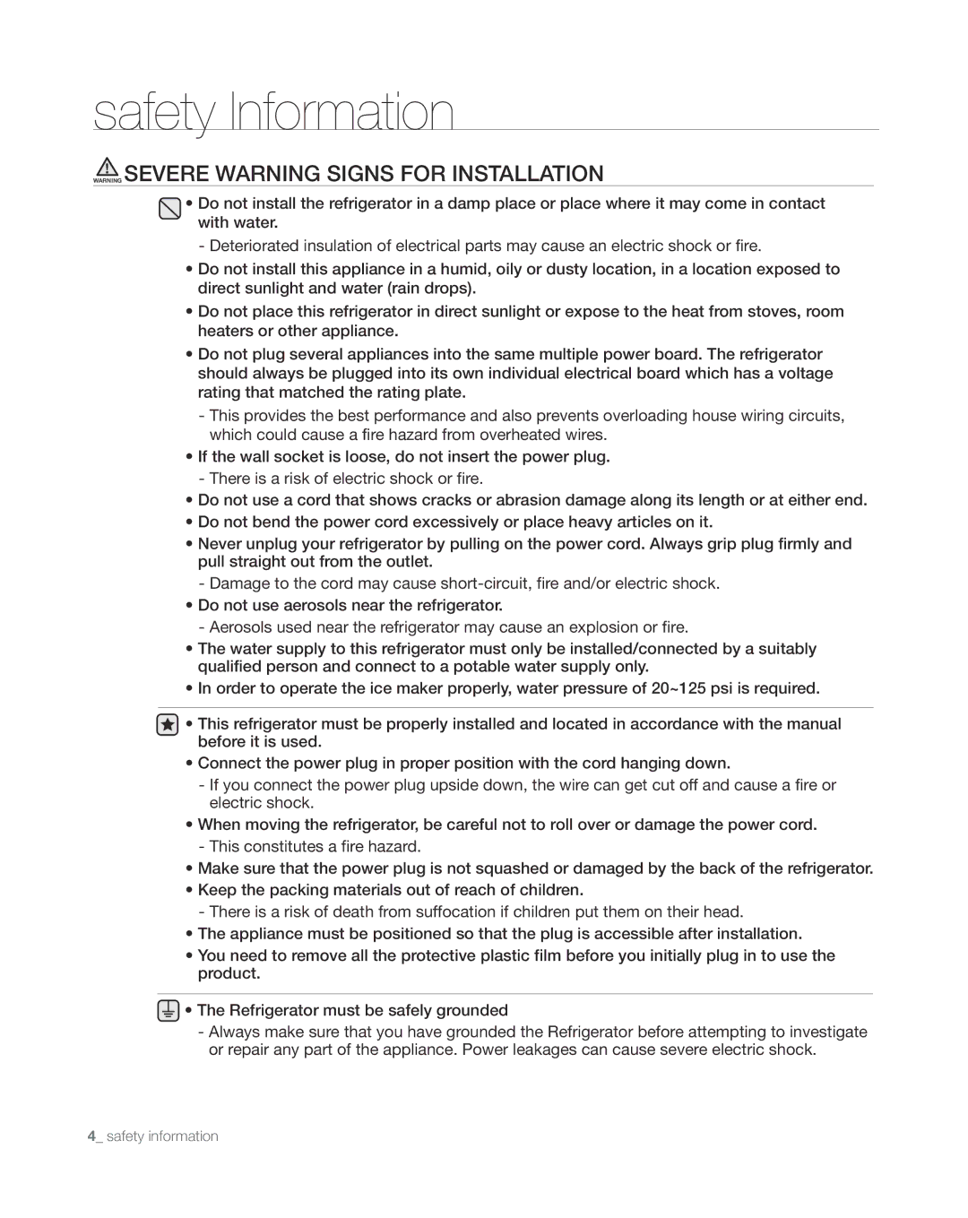 Samsung RS265TDWP, RS267TDWP user manual Safety Information 