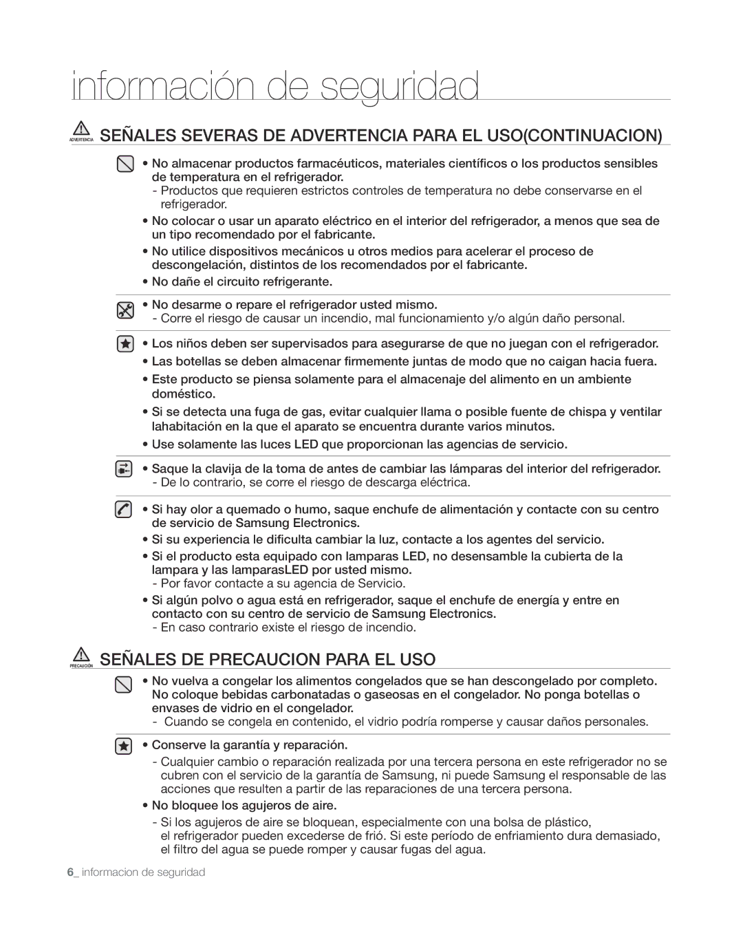 Samsung RS265TDWP, RS267TDWP user manual Precaución Señales DE Precaucion Para EL USO 