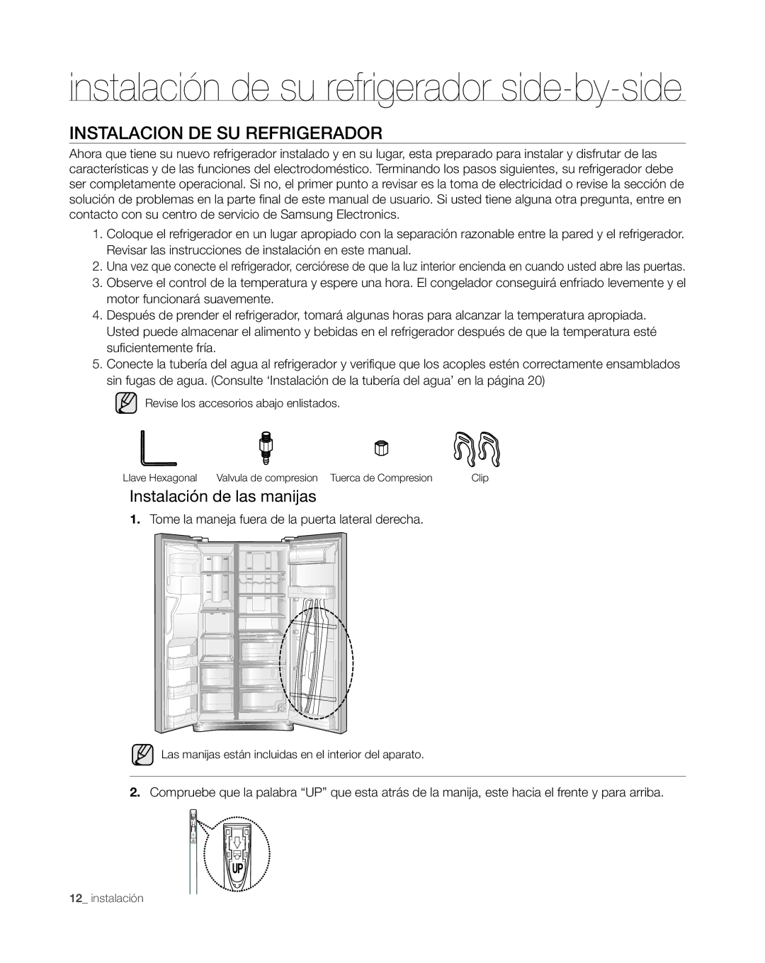 Samsung RS265TDWP, RS267TDWP user manual Instalacion DE SU Refrigerador, Instalación de las manijas 