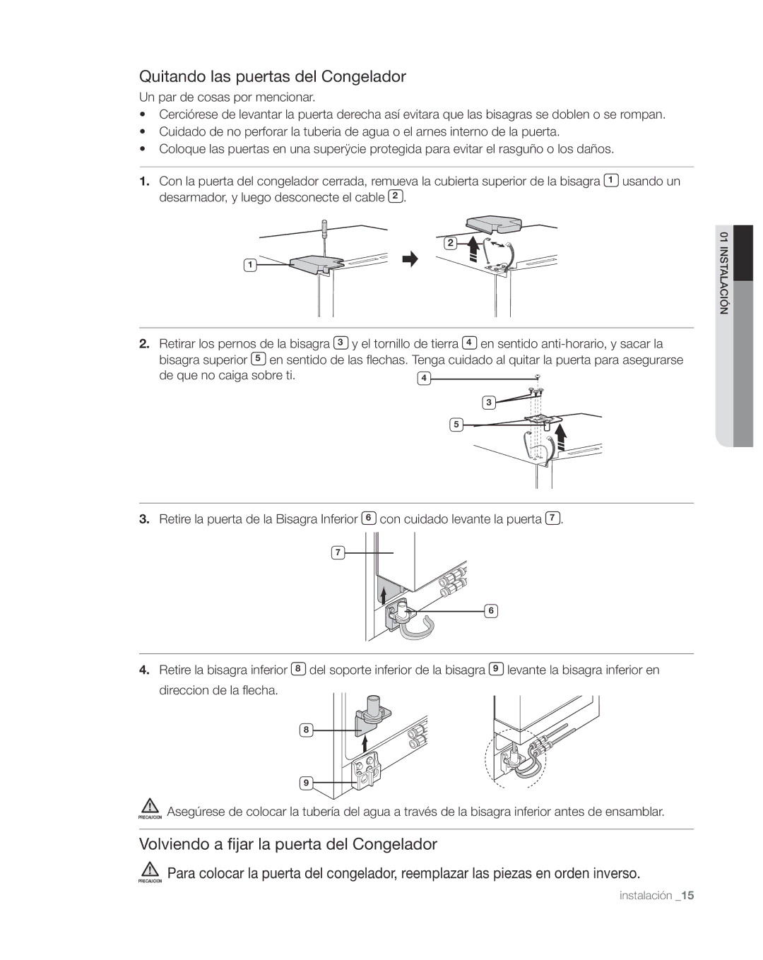 Samsung RS267TDWP, RS265TDWP user manual Quitando las puertas del Congelador, Volviendo a fijar la puerta del Congelador 