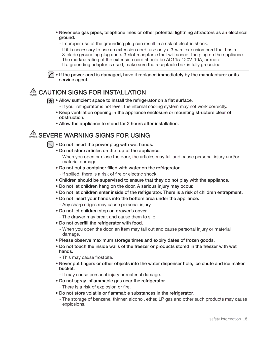 Samsung RS267TDWP, RS265TDWP user manual Safety information 