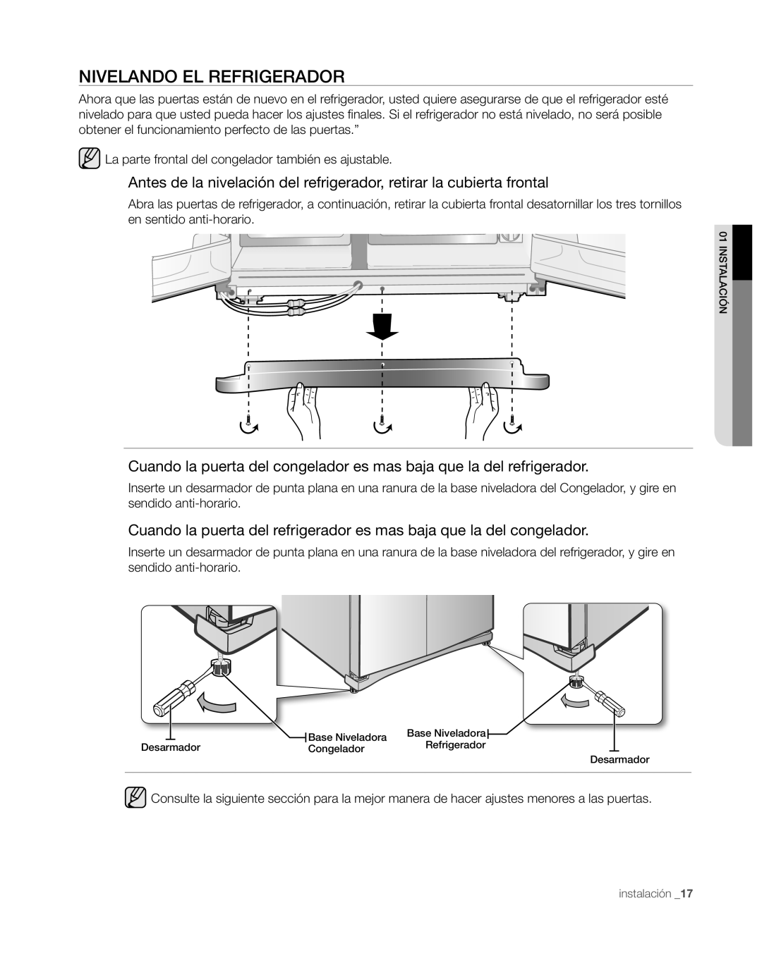 Samsung RS267TDWP, RS265TDWP user manual Nivelando EL Refrigerador 