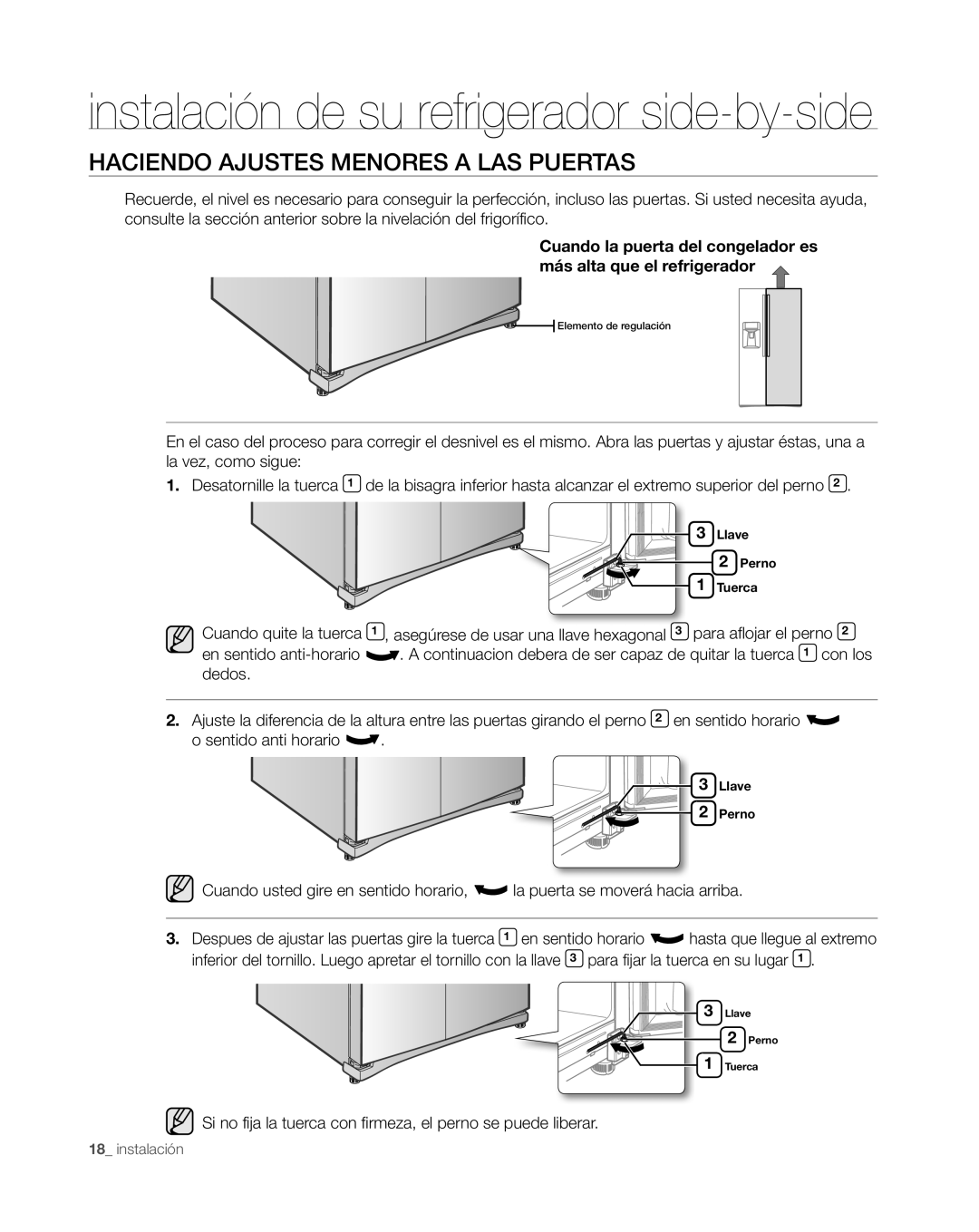 Samsung RS265TDWP, RS267TDWP user manual Haciendo Ajustes Menores a LAS Puertas 