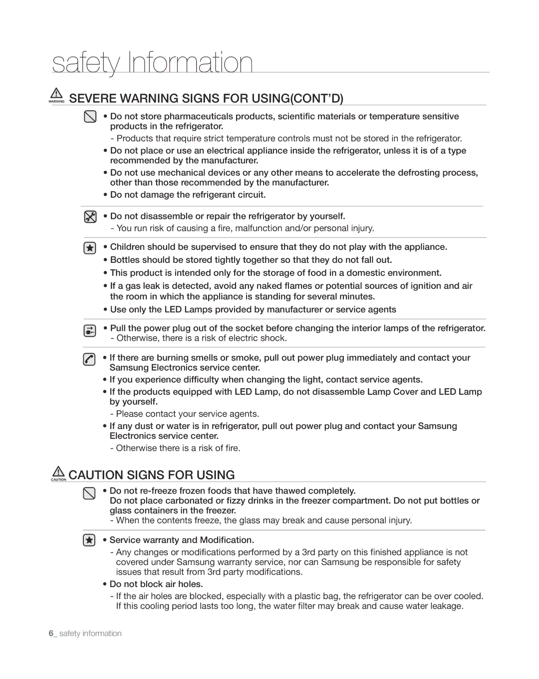 Samsung RS265TDWP, RS267TDWP user manual Safety Information 