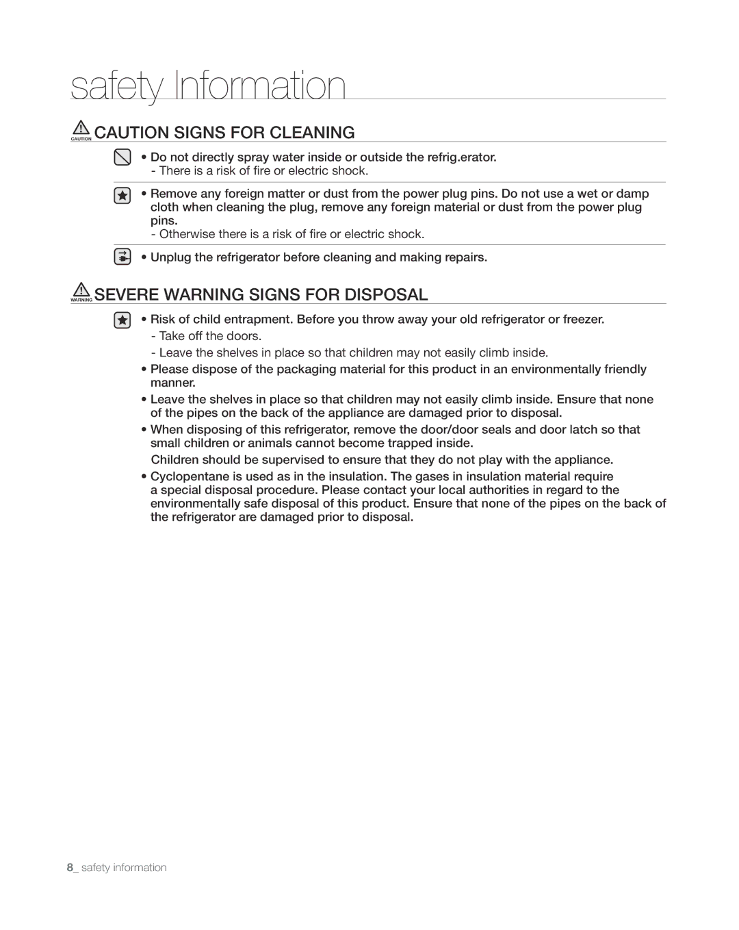 Samsung RS265TDWP, RS267TDWP user manual Safety Information 