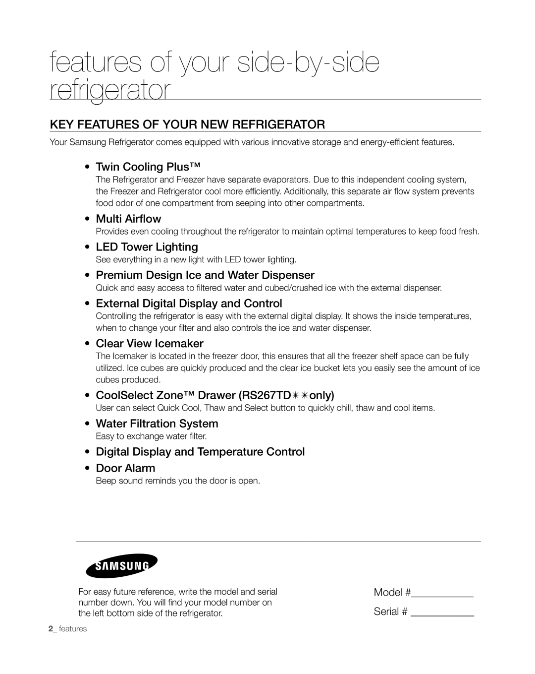 Samsung RS265TDWP features of your side-by-side refrigerator, Key Features Of Your New Refrigerator, Twin Cooling Plus 
